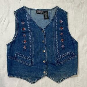 Vintage Embroidered Button Up Denim Vest Red & Blue Ozark Size Medium